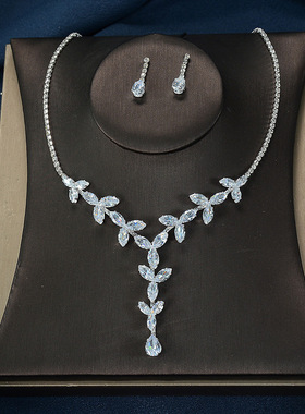 简约气质新娘耳环项链婚纱礼服配饰高级感结婚饰品合金叶子钻套链