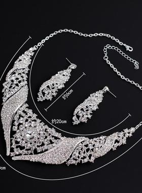 新款水钻合金项链高级感耳坠二件套首饰婚纱礼服配饰结婚饰品套链