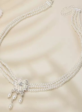 新款镶钻珍珠花朵耳钉项链套装