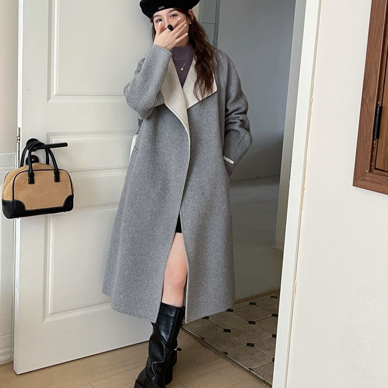 云端触感！秋冬两色大翻领插肩袖系带加长款双面羊毛大衣毛呢外套 - 图1