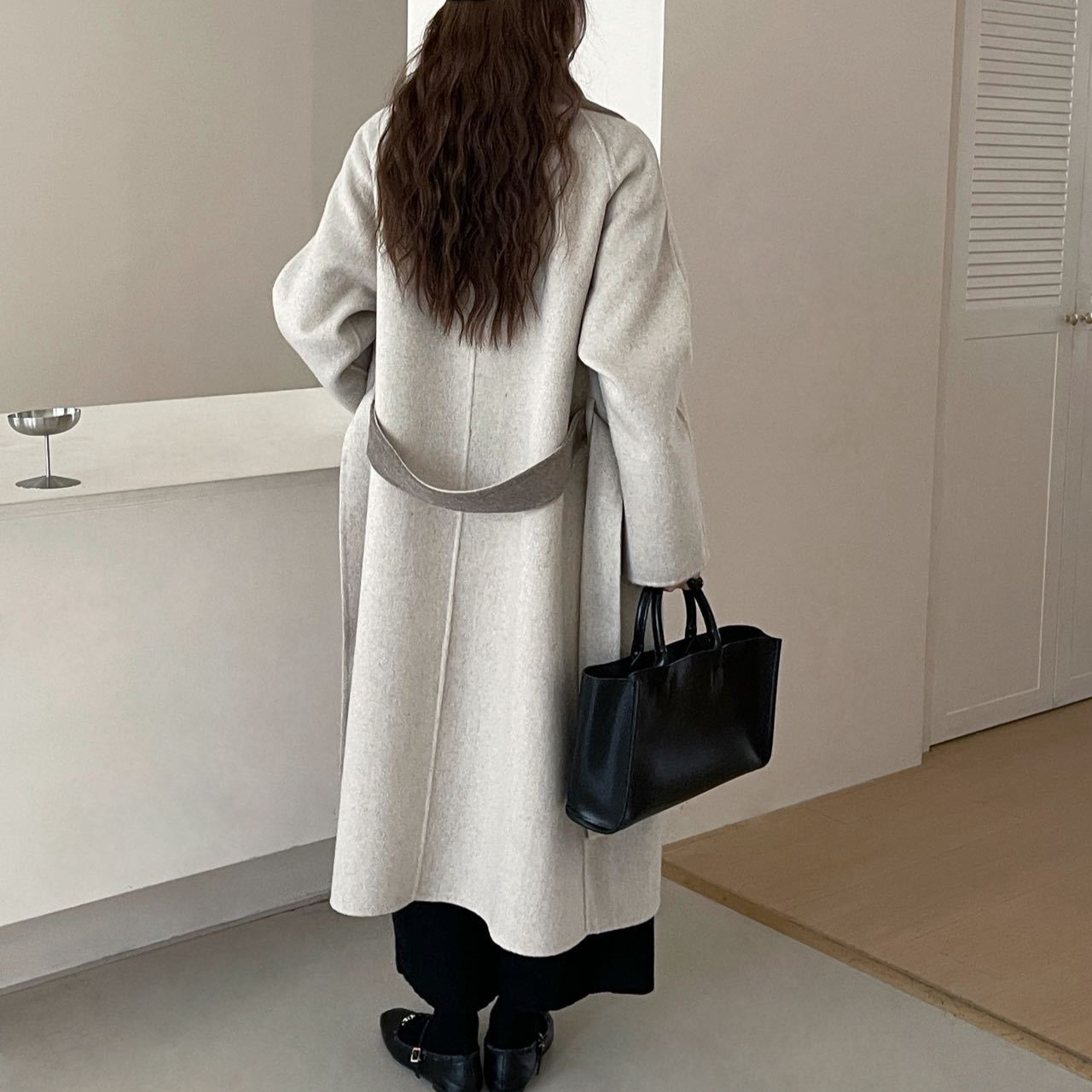 云端触感！秋冬两色大翻领插肩袖系带加长款双面羊毛大衣毛呢外套 - 图2