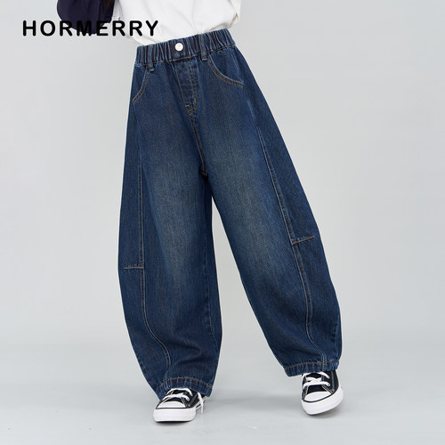 赫米童装2025秋冬新款儿童宽松大廓形弯刀牛仔裤中大童镰刀裤长裤 - 图2