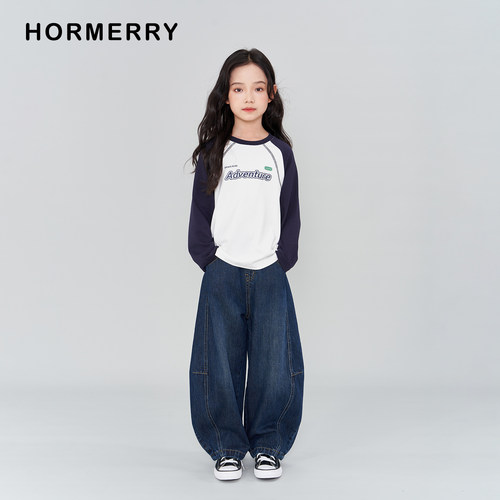 赫米童装2025秋冬新款儿童宽松大廓形弯刀牛仔裤中大童镰刀裤长裤 - 图1