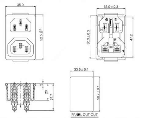公母连体AC电源插座品字型针孔一体卡扣嵌入式机箱三插座10A 黑色 - 图2