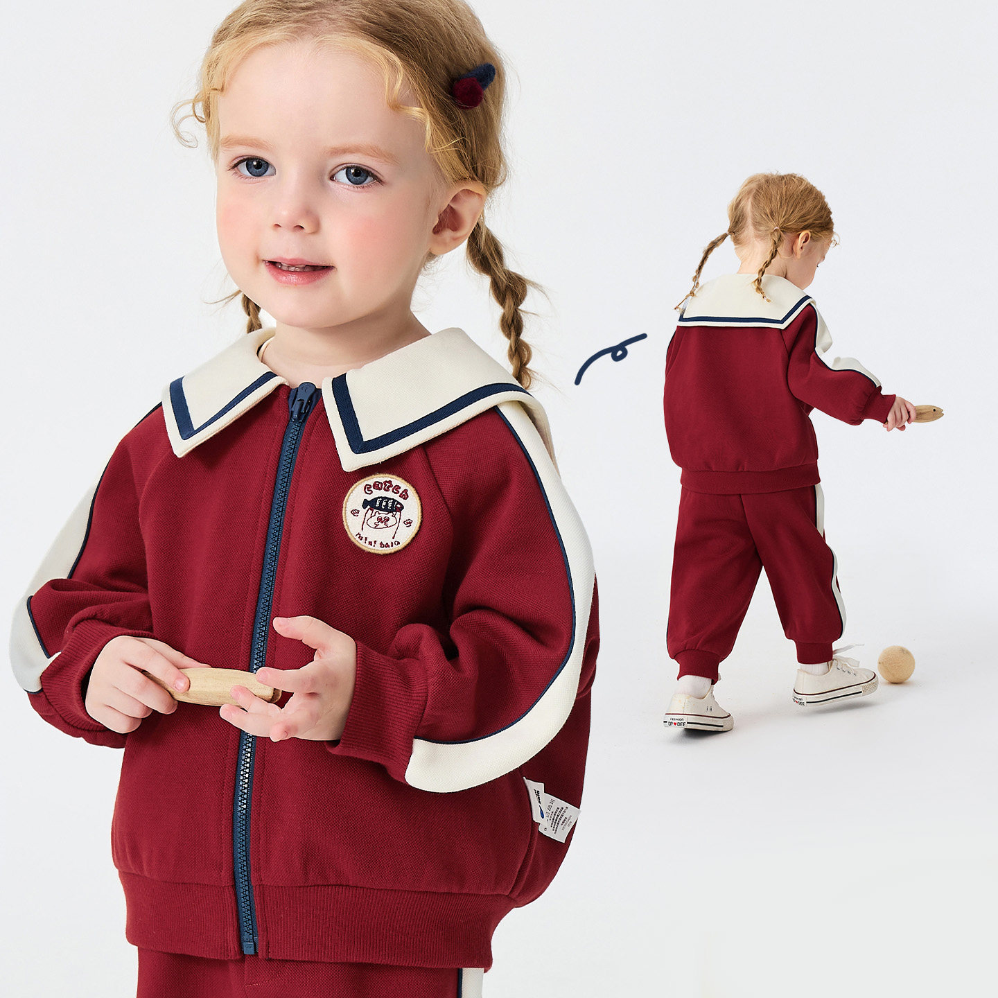 迷你巴拉男女童春装长袖套装复古校服