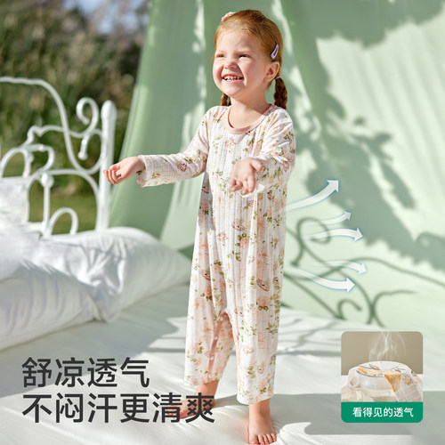 欧孕[果冻凉]儿童睡衣夏季薄款男女宝宝纯棉连体家居服婴儿空调服-图1