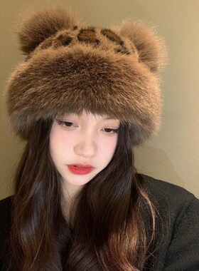 韩国豹纹小熊耳朵毛绒蒙古帽子女秋冬季仿皮草加厚保暖护耳包头帽