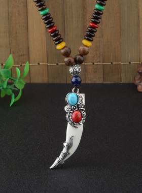 国风禅意檀木白色牛角型狼牙吊坠项链男女新中式高级感长款毛衣链