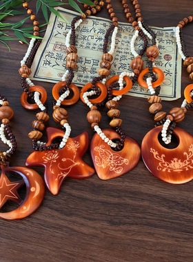 波西米亚木质串珠项链女唐装棉麻国风新中式毛衣链挂件长配饰吊坠