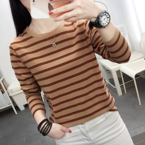 2026新款纯棉长袖T恤女早秋装上衣服宽松大码条纹秋衣打底衫外穿 - 图0