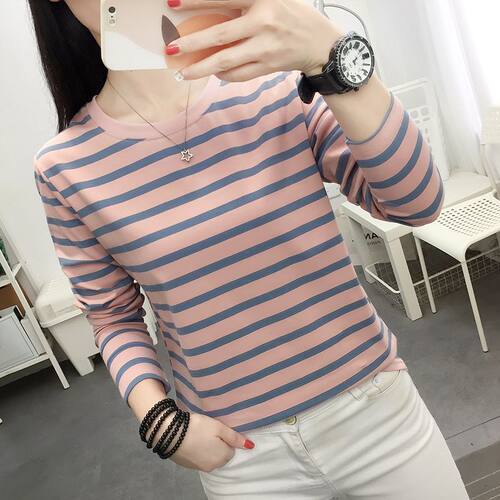 2026新款纯棉长袖T恤女早秋装上衣服宽松大码条纹秋衣打底衫外穿 - 图2