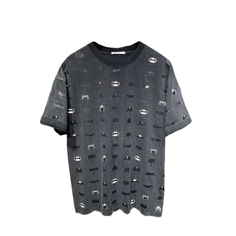 2024新款潮牌水洗做旧蝙蝠图案印花短袖T恤男夏季宽松个性体恤衫