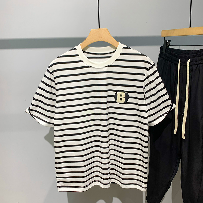 2024夏季新款ins潮牌百搭简约纯棉短袖t恤男宽松休闲流行条纹体恤