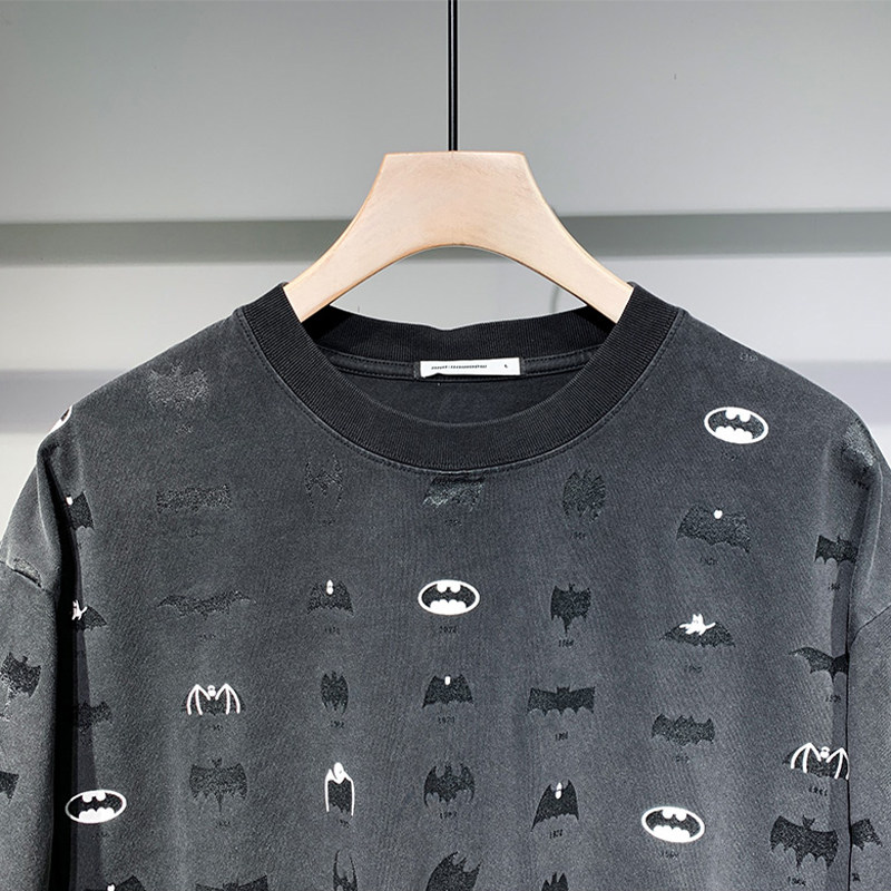 2024新款潮牌水洗做旧蝙蝠图案印花短袖T恤男夏季宽松个性体恤衫