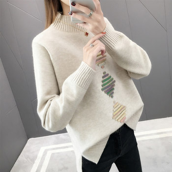 Sweater ຂອງແມ່ຍິງດູໃບໄມ້ລົ່ນແລະລະດູຫນາວສັ້ນ 2023 ຄໍເຕົ້າໄຂ່ທີ່ເກົາຫຼີໃຫມ່ pullover ສີແຂງເຄິ່ງ turtleneck knitted versatile bottoming ເສື້ອ trendy