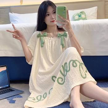 Nightgown summer ຂອງແມ່ຍິງ woven ຝ້າຍຫວານແລະຫນ້າຮັກແບບ princess ແຂນສັ້ນ pajamas summer ແມ່ຍິງບາງພາກຮຽນ spring ແລະດູໃບໄມ້ລົ່ນເຄື່ອງນຸ່ງຫົ່ມເຮືອນ