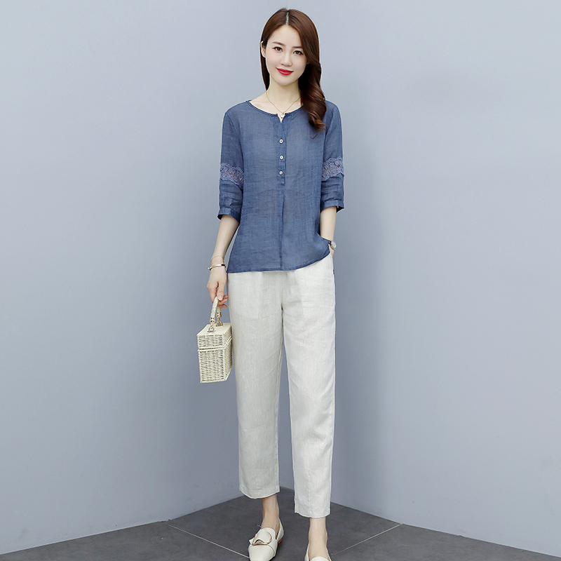 纯亚麻苎麻时尚休闲棉麻套装高端中年妈妈上衣裤子两件套夏季女装
