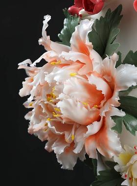 东方泥土陶瓷富贵花瓶摆件中式家居客厅酒柜博古架装饰手工工艺品