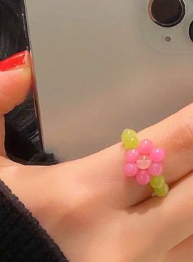 ins同款花花戒指手工玉石编织