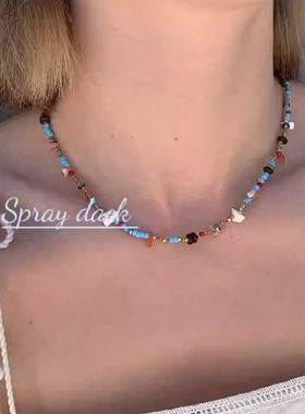 度假感不规则椰壳片天然碎石项链