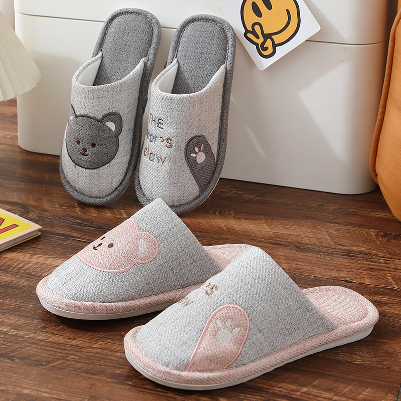 可爱卡通熊棉拖鞋女秋冬季室内家居家用情侣布拖鞋男大童防滑冬天 - 图1