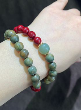 天然绿檀木朱砂两圈手串男女饰品