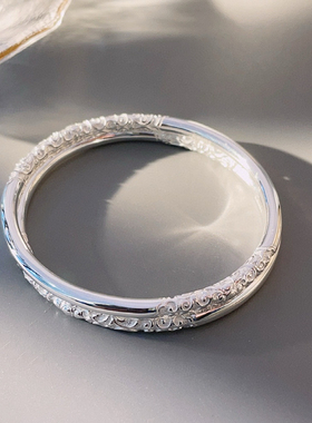 足银9999卷草纹手镯中国风年轻款实心光面亮面纯银镯子小众送女友