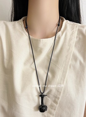 蓝色珐琅滴釉立体花瓶吊坠项链复古小众轻奢可调节时髦毛衣链女款