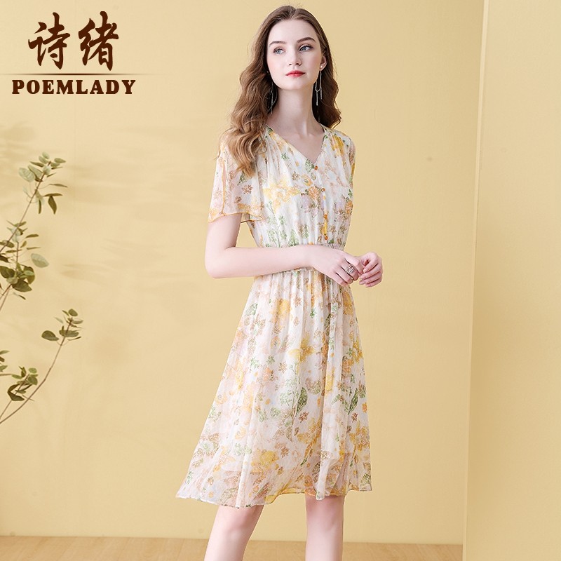 诗绪品牌轻奢100桑蚕丝印花连衣裙 poemlady连衣裙