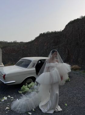 新娘宽荷叶边头纱蓬蓬长款复古主婚纱订婚头饰样片写真配饰高级感