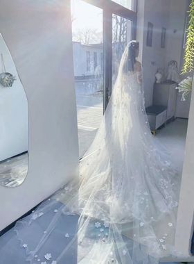 新娘头纱主婚纱森系重工珍珠蕾丝奢华超长款拖尾软纱头纱鱼尾婚纱