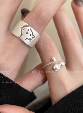 哑光猫咪戒指女ins小众设计高级感指环可爱搞怪创意卡通食指戒