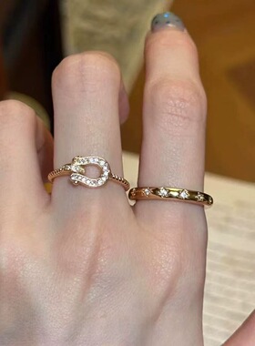 中古叠戴精致千金感金色马蹄扣戒指女小众高级轻奢开口食指戒指环