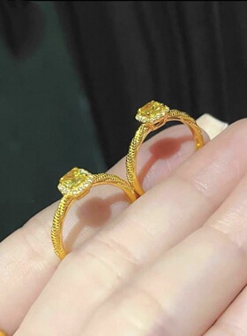 黄水晶戒指女轻奢超闪镶嵌小方糖麻花指环高级感开口可调节食指戒