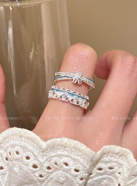 指畔生花~蓝色滴釉蕾丝花边戒指女ins小众高级感开口食指戒指环