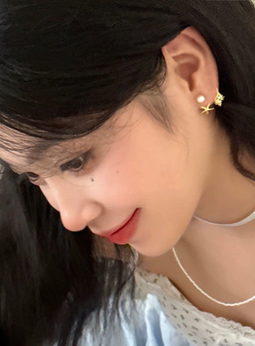 后挂式珍珠耳钉女小众设计海星海螺耳环甜美高级两戴式气质耳饰潮