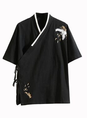 Men's Crane Embroidery Cross-collar Short-sleeved Shirt, Cot