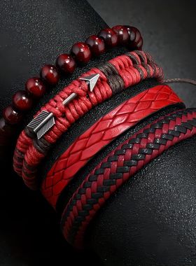 Fashion Vintage Men's Leather Bracelet Cupid's Arrow Wooden