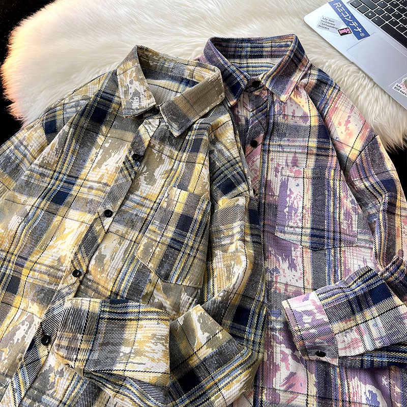港风格子长袖衬衫男生高级感春秋小香风外套宽松潮流百搭扎染上衣 - 图2