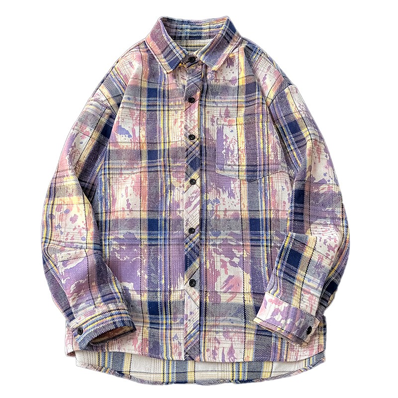 港风格子长袖衬衫男生高级感春秋小香风外套宽松潮流百搭扎染上衣 - 图0
