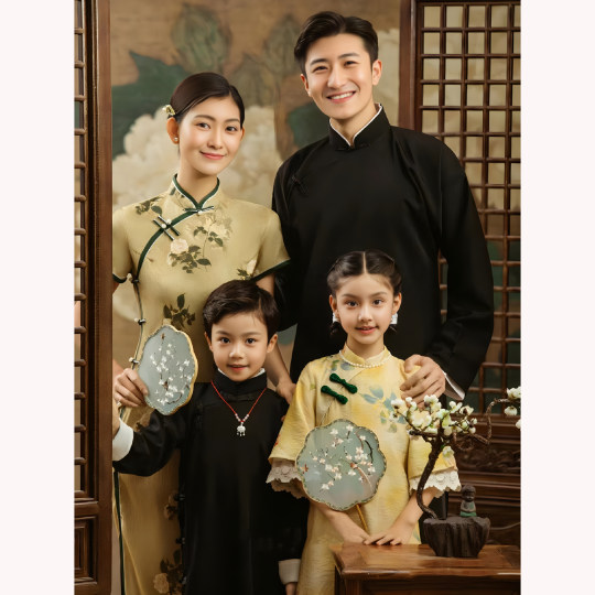 新款全家福主题摄影服家庭装一家六口影楼亲子装中国风艺术照旗袍