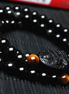 本命年天然彩虹眼黑曜石生肖属马本命佛大势至菩萨开泰情侣手链