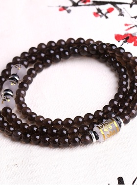 天然黑曜石108佛珠手链属马本命佛大势至菩萨守护神手串水晶
