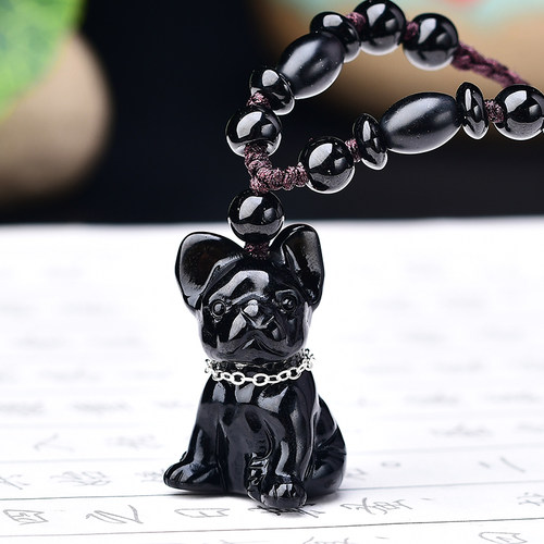 天然黑曜石狗吊坠生肖属兔小狗形饰物挂件玉狗吉祥物男女饰品 - 图1
