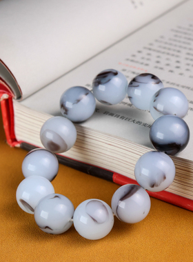 天然新疆和田玉青花籽料圆珠手链青花籽料单圈手串男女款