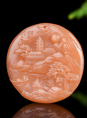 青山新疆和田玉糖料山水意境玉牌吊坠且末糖玉白鹤山水松树项链玉