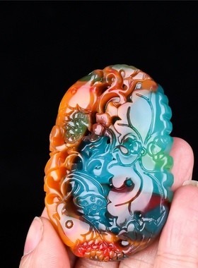 青峰玉器新疆和田羊脂玉鱼挂件把件红黄绿紫玉鱼吊坠鱼如意荷叶项