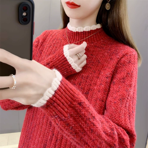 Демисезонный трикотажный свитер, свободный крой, высокий воротник, в западном стиле