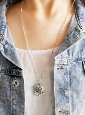 北桑纯银女吉祥如意锁包毛衣项链