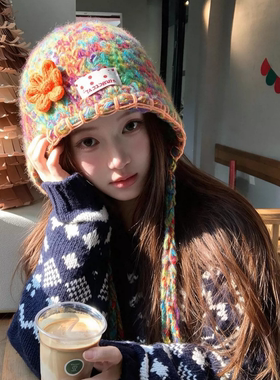 韩系流苏辫子毛线帽女秋冬季百搭